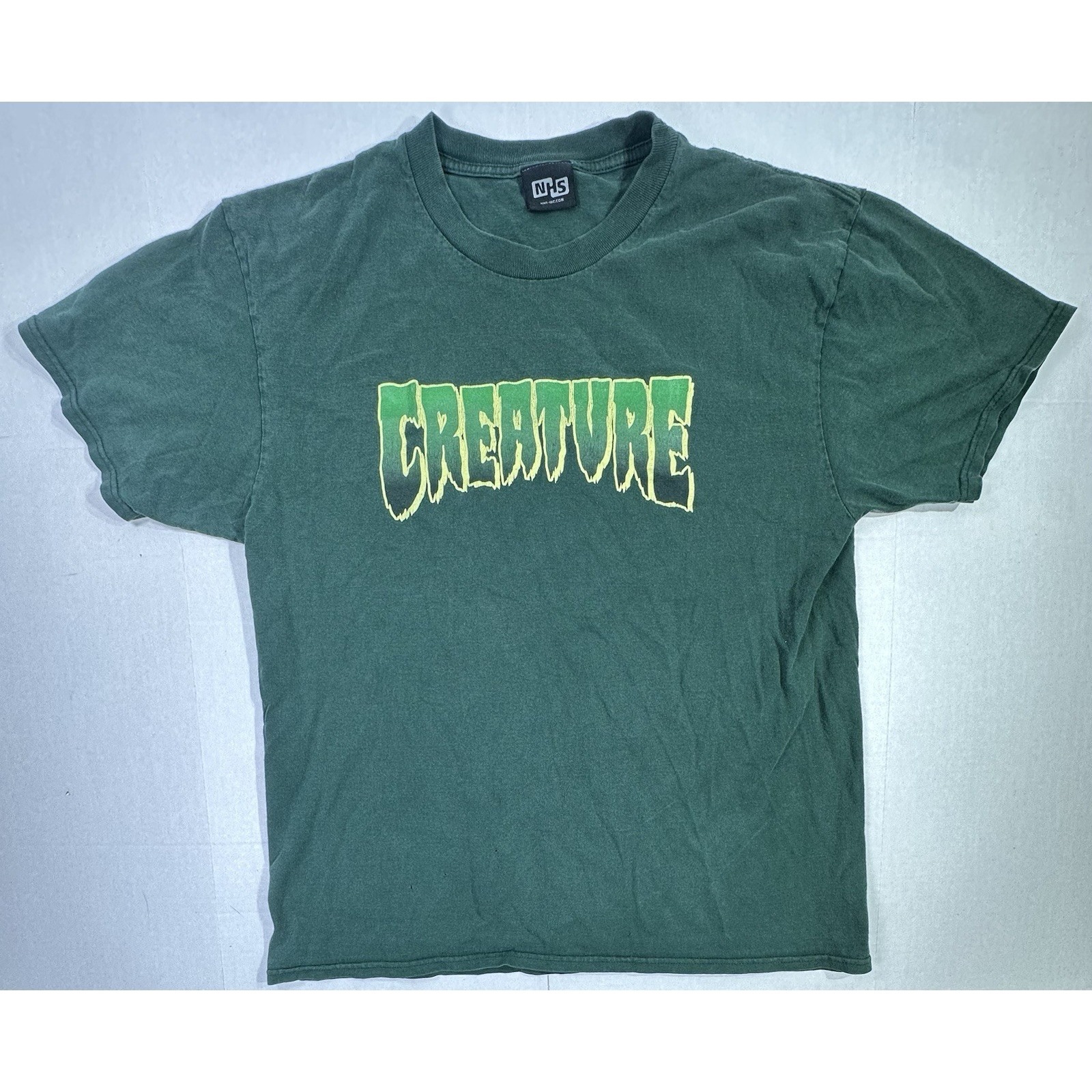 Vintage Creature Skateboards T-Shirt Green Logo Nhs Inc Men's Medium Faded Tee